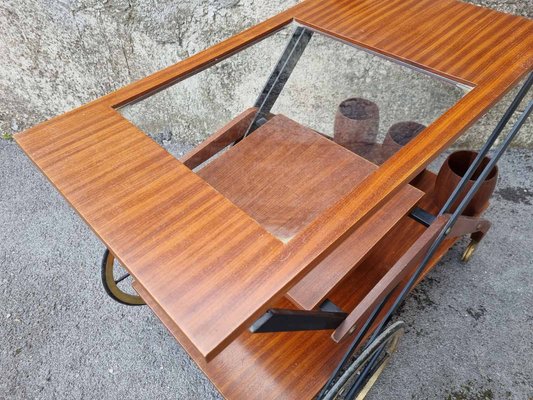 Mid-Century Serving Trolley in Teak and Brass, Italy, 1950s-PUG-1358186