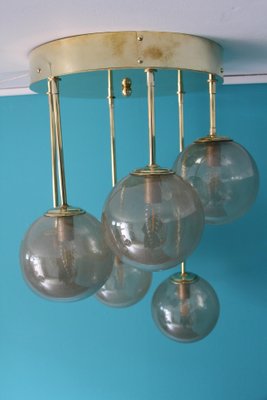 Mid-Century Short 6-Light Chandelier in Brass and Golden Murano Glass Globes, 1980s-YF-653175