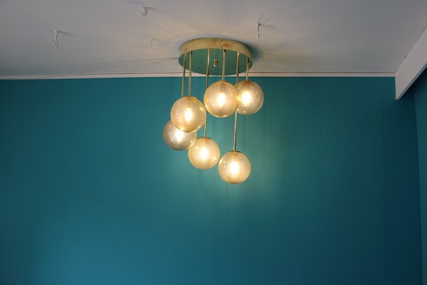 Mid-Century Short 6-Light Chandelier in Brass and Golden Murano Glass Globes, 1980s-YF-653175