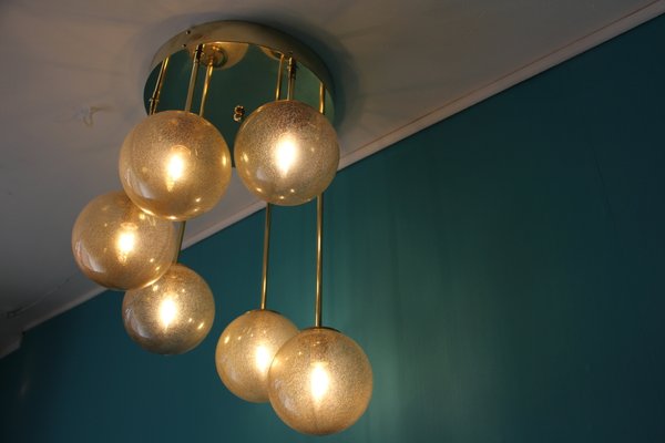 Mid-Century Short 6-Light Chandelier in Brass and Golden Murano Glass Globes, 1980s-YF-653175