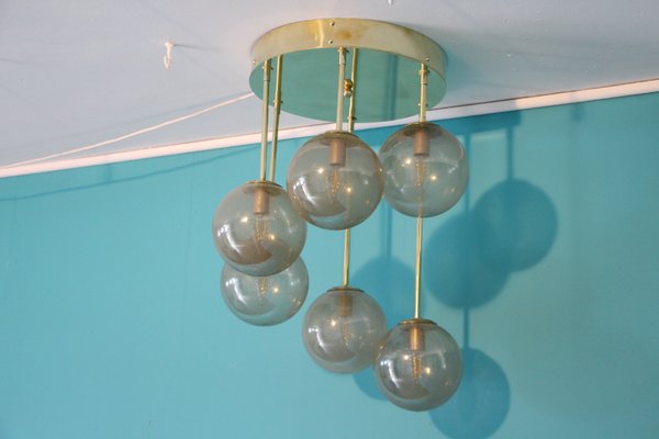 Mid-Century Short 6-Light Chandelier in Brass and Golden Murano Glass Globes, 1980s-YF-653175