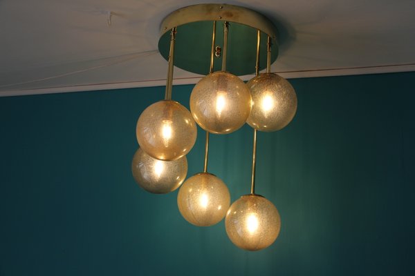 Mid-Century Short 6-Light Chandelier in Brass and Golden Murano Glass Globes, 1980s-YF-653175