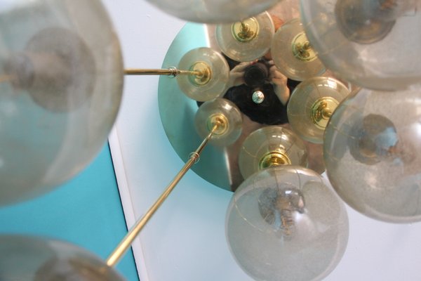 Mid-Century Short 6-Light Chandelier in Brass and Golden Murano Glass Globes, 1980s-YF-653175