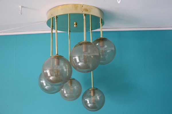 Mid-Century Short 6-Light Chandelier in Brass and Golden Murano Glass Globes, 1980s-YF-653175