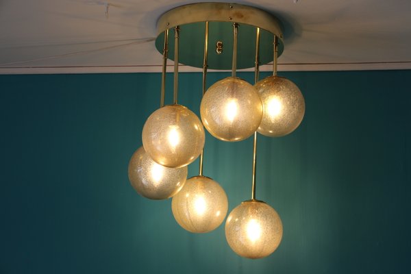 Mid-Century Short 6-Light Chandelier in Brass and Golden Murano Glass Globes, 1980s-YF-653175