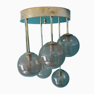 Mid-Century Short 6-Light Chandelier in Brass and Golden Murano Glass Globes, 1980s-YF-653175