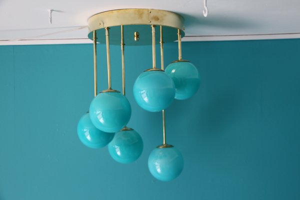 Mid-Century Short 6-Light Chandelier in Brass and Turquoise Blue Murano Glass Globes, 1980s-YF-669158