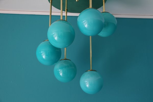 Mid-Century Short 6-Light Chandelier in Brass and Turquoise Blue Murano Glass Globes, 1980s-YF-669158