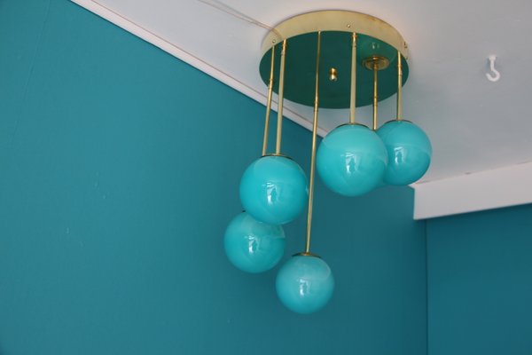 Mid-Century Short 6-Light Chandelier in Brass and Turquoise Blue Murano Glass Globes, 1980s-YF-669158