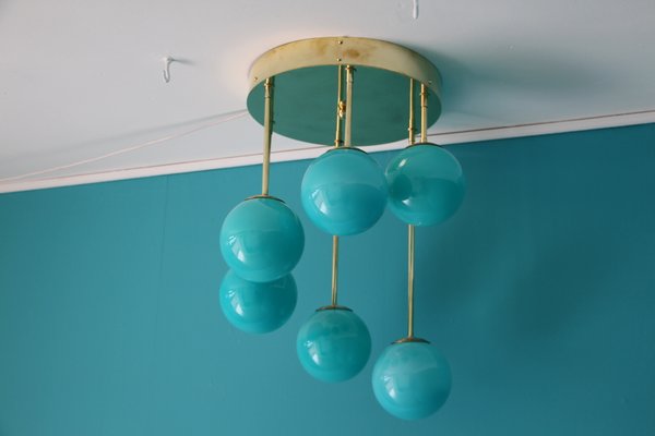 Mid-Century Short 6-Light Chandelier in Brass and Turquoise Blue Murano Glass Globes, 1980s-YF-669158