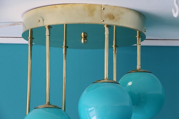 Mid-Century Short 6-Light Chandelier in Brass and Turquoise Blue Murano Glass Globes, 1980s-YF-669158