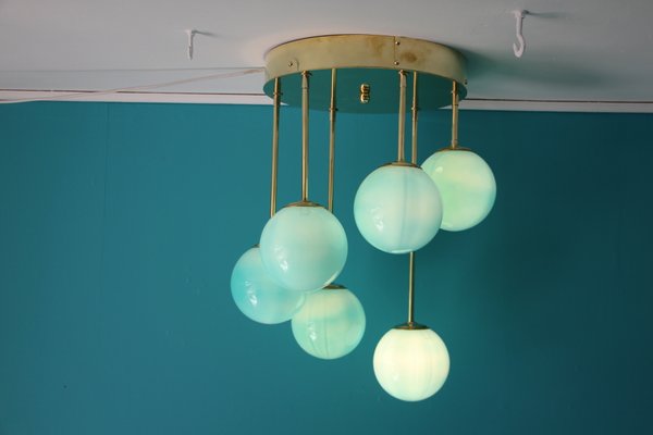 Mid-Century Short 6-Light Chandelier in Brass and Turquoise Blue Murano Glass Globes, 1980s-YF-669158