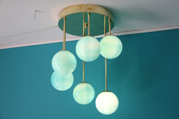 Mid-Century Short 6-Light Chandelier in Brass and Turquoise Blue Murano Glass Globes, 1980s-YF-669158