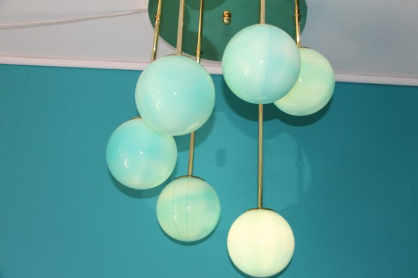 Mid-Century Short 6-Light Chandelier in Brass and Turquoise Blue Murano Glass Globes, 1980s-YF-669158