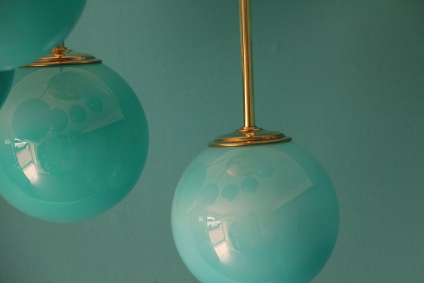 Mid-Century Short 6-Light Chandelier in Brass and Turquoise Blue Murano Glass Globes, 1980s-YF-669158