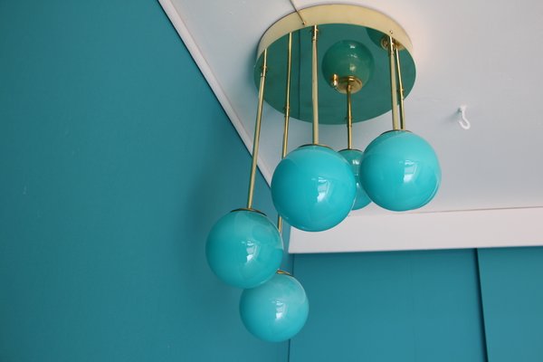 Mid-Century Short 6-Light Chandelier in Brass and Turquoise Blue Murano Glass Globes, 1980s-YF-669158