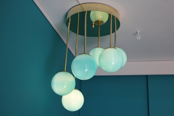 Mid-Century Short 6-Light Chandelier in Brass and Turquoise Blue Murano Glass Globes, 1980s-YF-669158