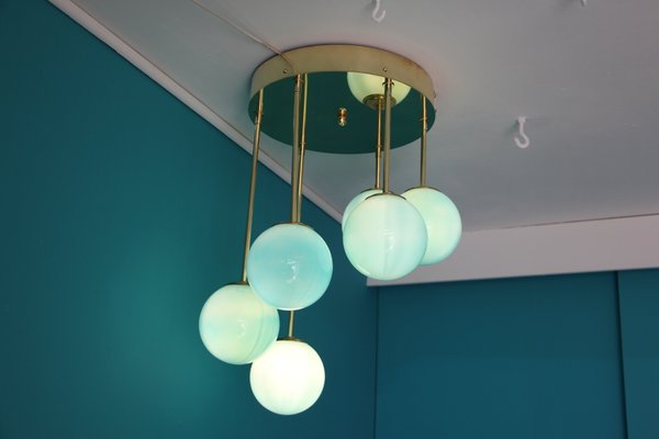 Mid-Century Short 6-Light Chandelier in Brass and Turquoise Blue Murano Glass Globes, 1980s-YF-669158