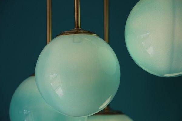 Mid-Century Short 6-Light Chandelier in Brass and Turquoise Blue Murano Glass Globes, 1980s-YF-669158