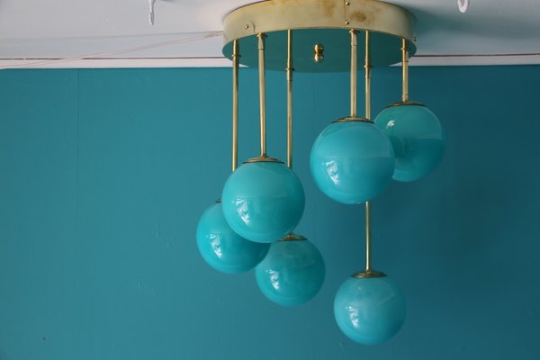 Mid-Century Short 6-Light Chandelier in Brass and Turquoise Blue Murano Glass Globes, 1980s-YF-669158