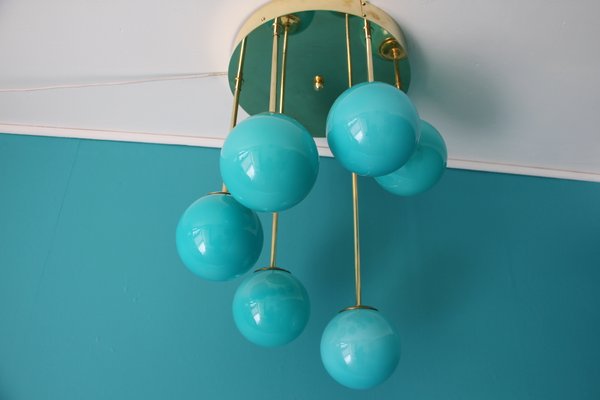 Mid-Century Short 6-Light Chandelier in Brass and Turquoise Blue Murano Glass Globes, 1980s-YF-669158