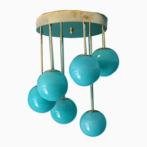 Mid-Century Short 6-Light Chandelier in Brass and Turquoise Blue Murano Glass Globes, 1980s-YF-669158