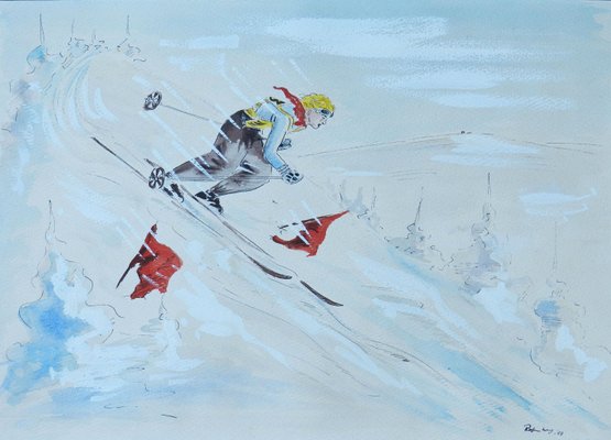 Mid-Century Skier Watercolor, 1952-ARU-1004851