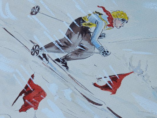 Mid-Century Skier Watercolor, 1952-ARU-1004851