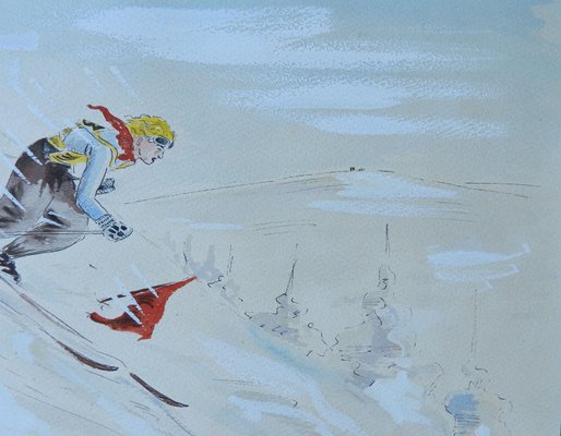 Mid-Century Skier Watercolor, 1952-ARU-1004851