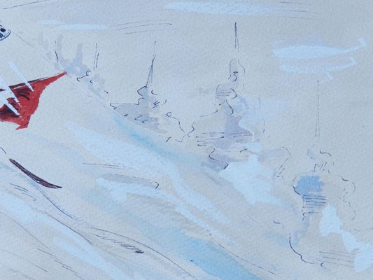 Mid-Century Skier Watercolor, 1952-ARU-1004851