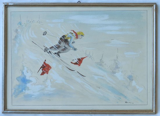 Mid-Century Skier Watercolor, 1952-ARU-1004851