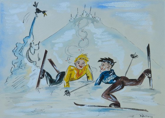 Mid-Century Skiers Amusing Caricature Watercolor, 1952-ARU-1004849