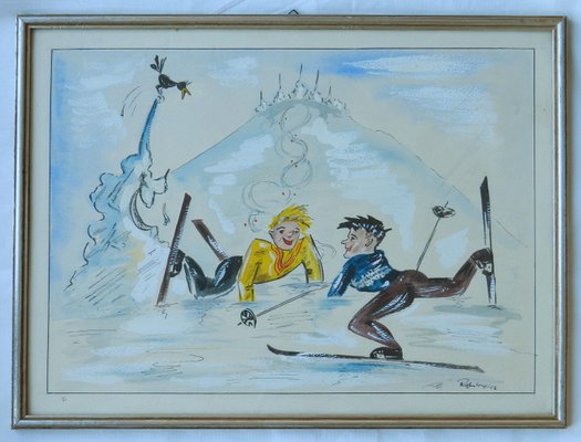 Mid-Century Skiers Amusing Caricature Watercolor, 1952-ARU-1004849