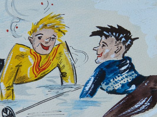 Mid-Century Skiers Amusing Caricature Watercolor, 1952-ARU-1004849