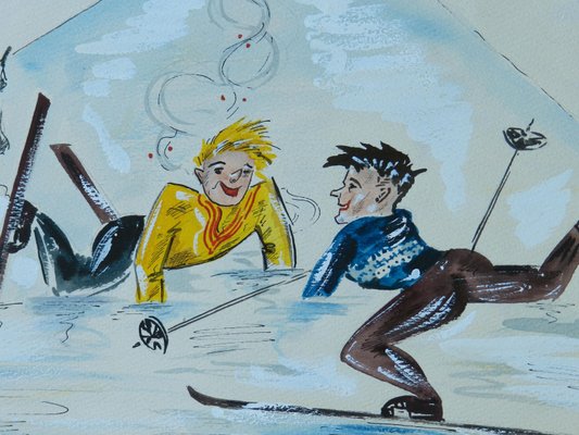 Mid-Century Skiers Amusing Caricature Watercolor, 1952-ARU-1004849