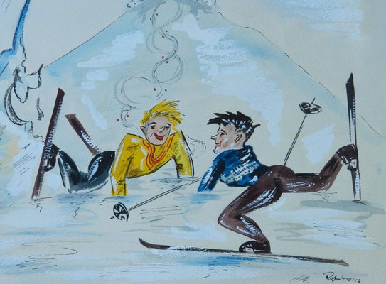 Mid-Century Skiers Amusing Caricature Watercolor, 1952-ARU-1004849