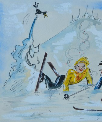 Mid-Century Skiers Amusing Caricature Watercolor, 1952-ARU-1004849