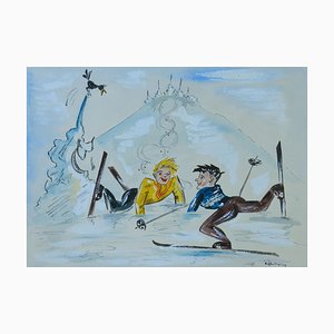 Mid-Century Skiers Amusing Caricature Watercolor, 1952-ARU-1004849