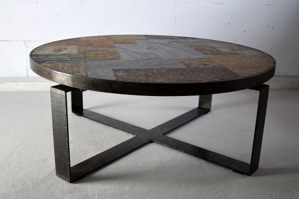 Mid-Century Slate Stone and Brass Coffee Table by Paul Kingma-IEI-712936