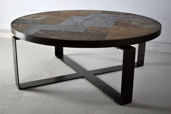 Mid-Century Slate Stone and Brass Coffee Table by Paul Kingma-IEI-712936