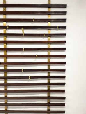 Mid-Century Slatted Coat Rack with Brass Hooks attributed to Jules Wabbes, Belgium, 1950s-FGA-1791256