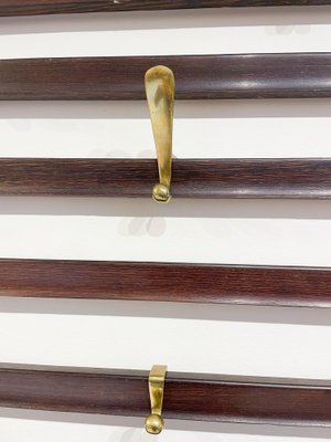 Mid-Century Slatted Coat Rack with Brass Hooks attributed to Jules Wabbes, Belgium, 1950s-FGA-1791256