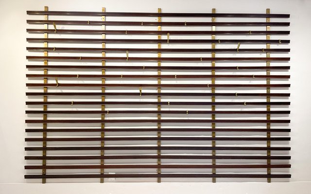 Mid-Century Slatted Coat Rack with Brass Hooks attributed to Jules Wabbes, Belgium, 1950s-FGA-1791256