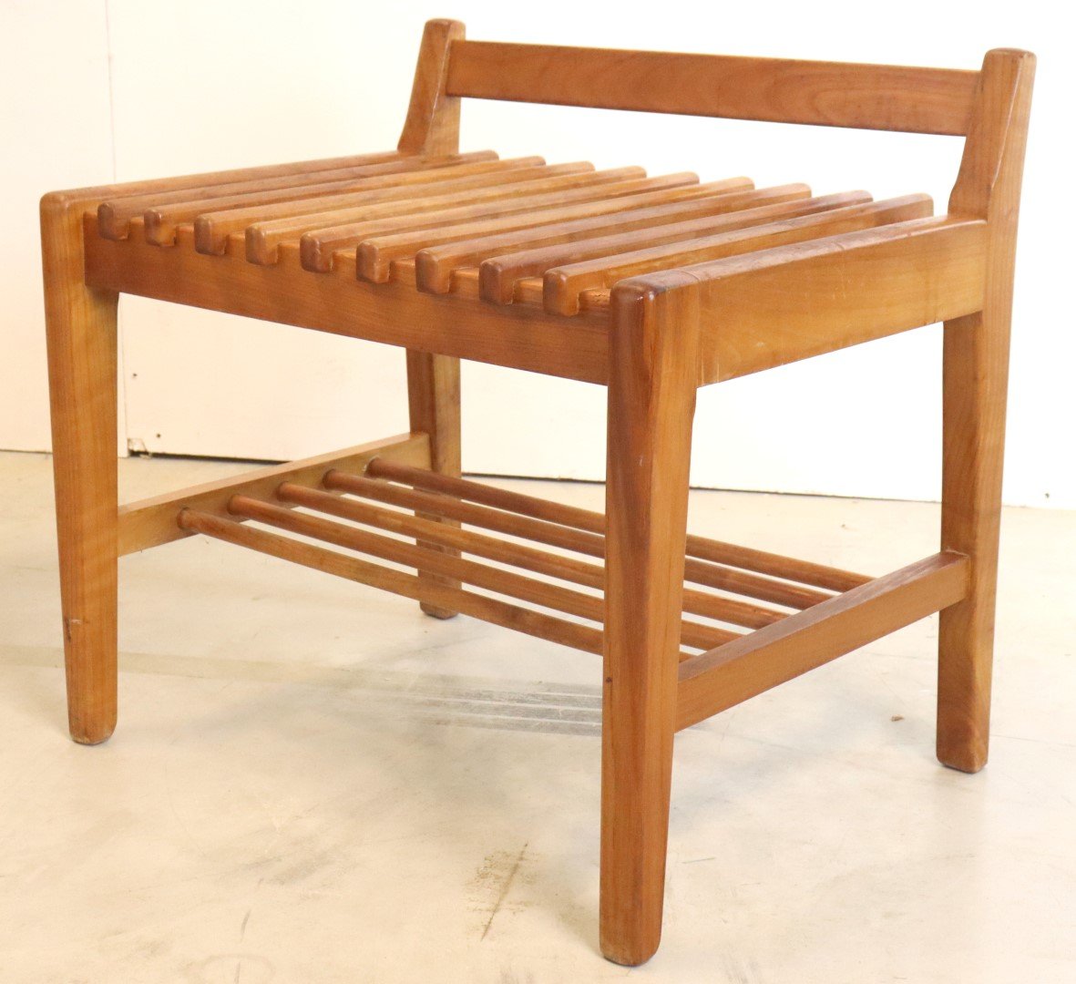 Mid-Century Slatted Wood Hallway Bench