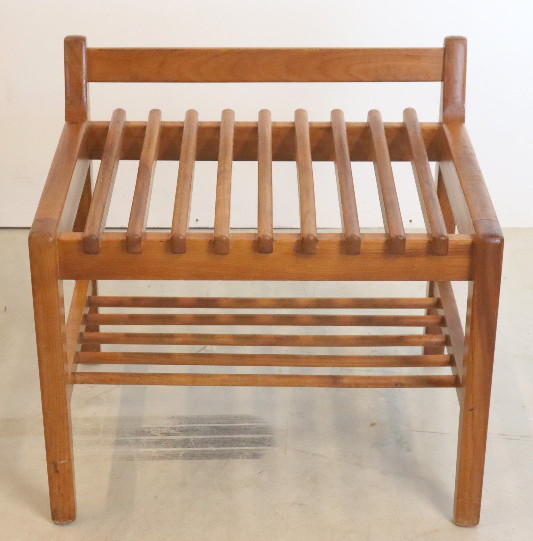 Mid-Century Slatted Wood Hallway Bench