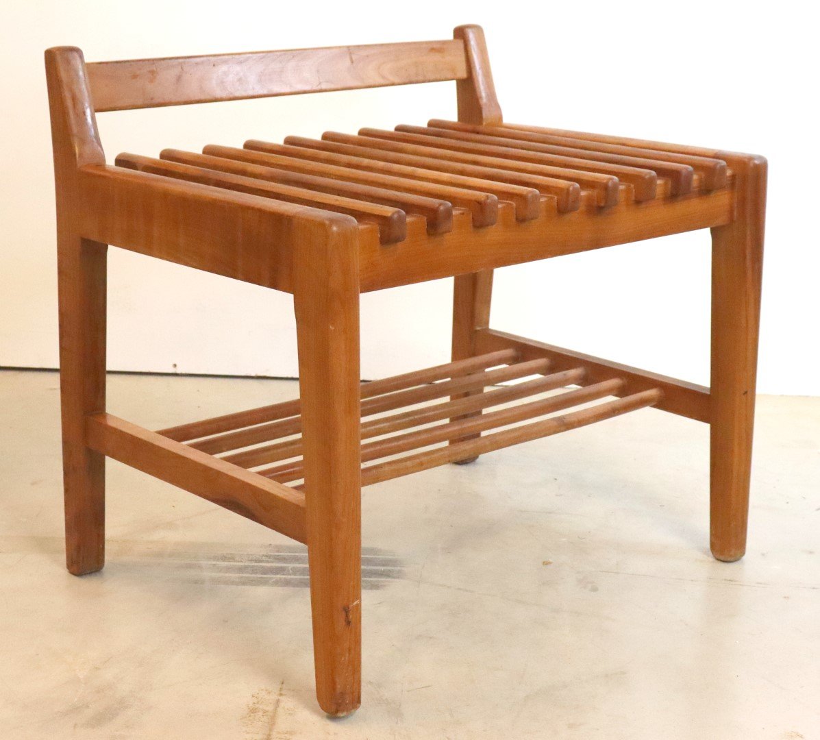 Mid-Century Slatted Wood Hallway Bench