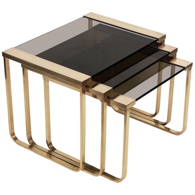 Mid-Century Solid Brass and Smoked Glass Interlocking Side Tables, 1970s, Set of 3-JDR-1125927