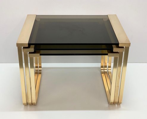 Mid-Century Solid Brass and Smoked Glass Interlocking Side Tables, 1970s, Set of 3-JDR-1125927