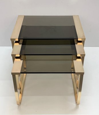 Mid-Century Solid Brass and Smoked Glass Interlocking Side Tables, 1970s, Set of 3-JDR-1125927