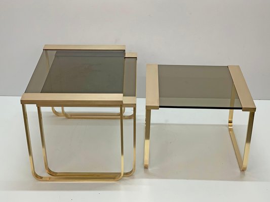 Mid-Century Solid Brass and Smoked Glass Interlocking Side Tables, 1970s, Set of 3-JDR-1125927